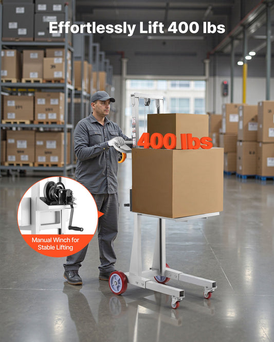 Heavy-Duty 400 lbs Capacity Material Lift Winch Stacker with Adjustable Plate, 51.1 in Max Height, Multifuntional Pallet Truck Dolly