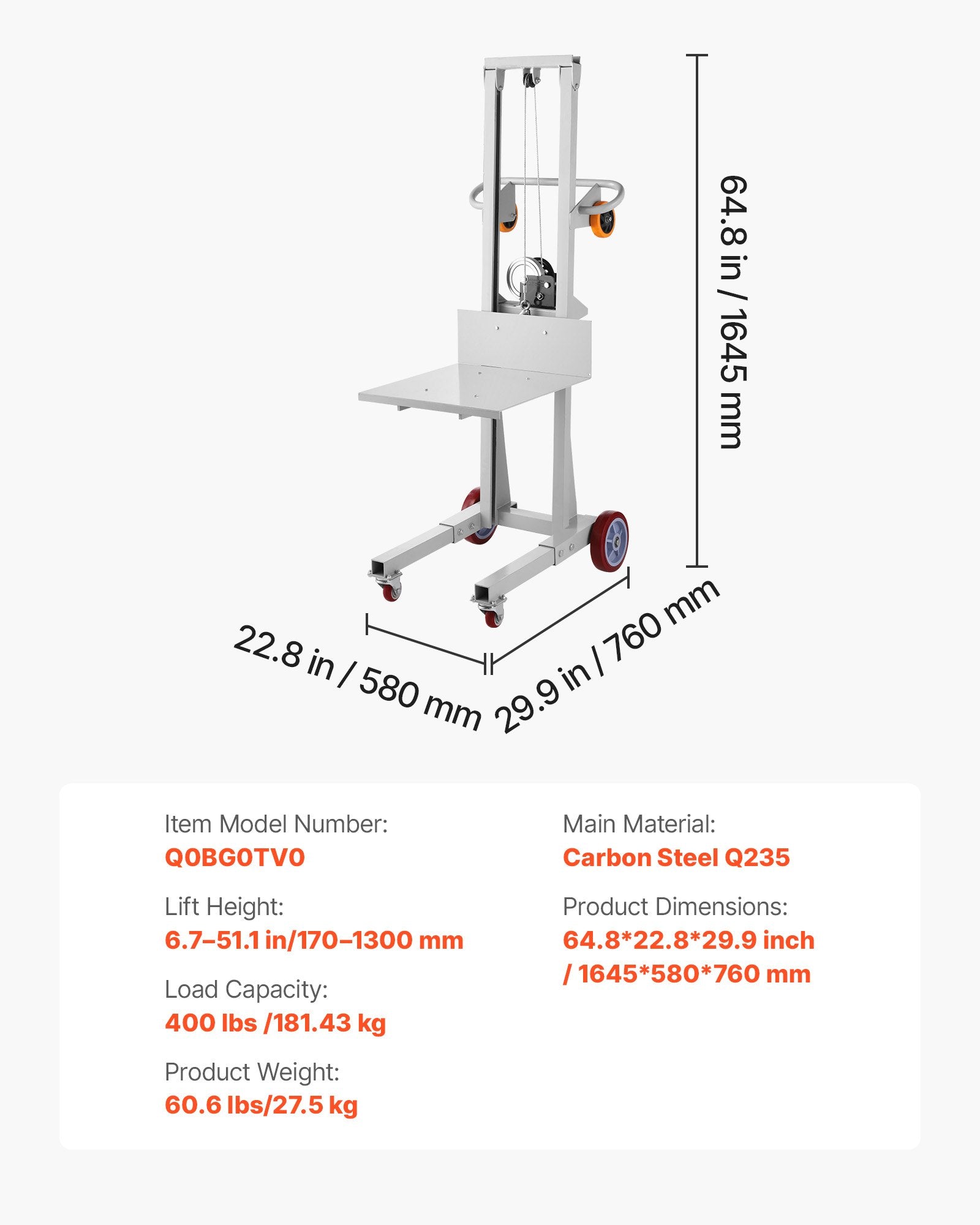 Heavy-Duty 400 lbs Capacity Material Lift Winch Stacker with Adjustable Plate, 51.1 in Max Height, Multifuntional Pallet Truck Dolly