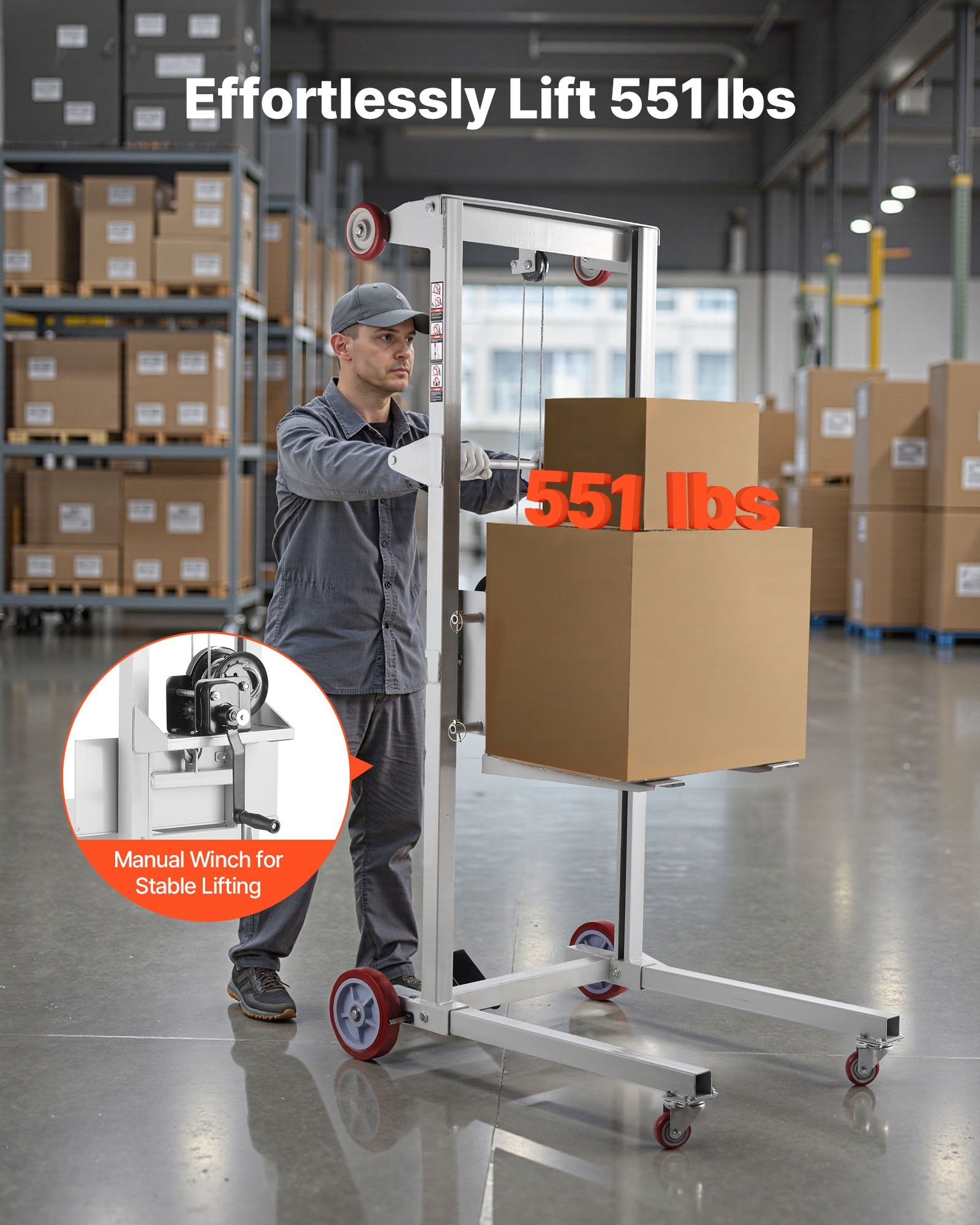 High-Capacity Manual Winch Stacker with Wheels, 551 lbs Load, 70 in Lift Height, Versatile Pallet Truck Dolly with Adjustable Fork