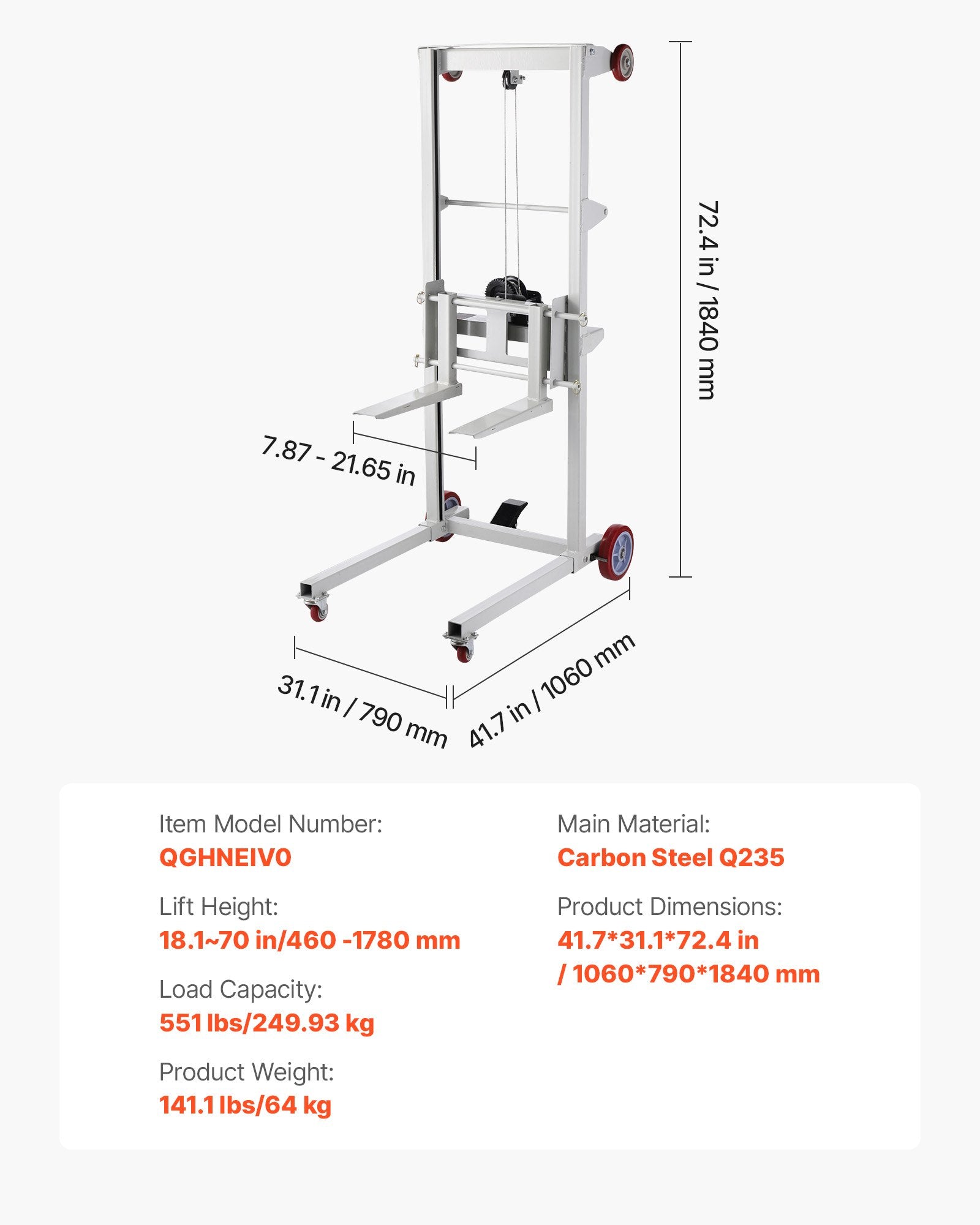 High-Capacity Manual Winch Stacker with Wheels, 551 lbs Load, 70 in Lift Height, Versatile Pallet Truck Dolly with Adjustable Fork