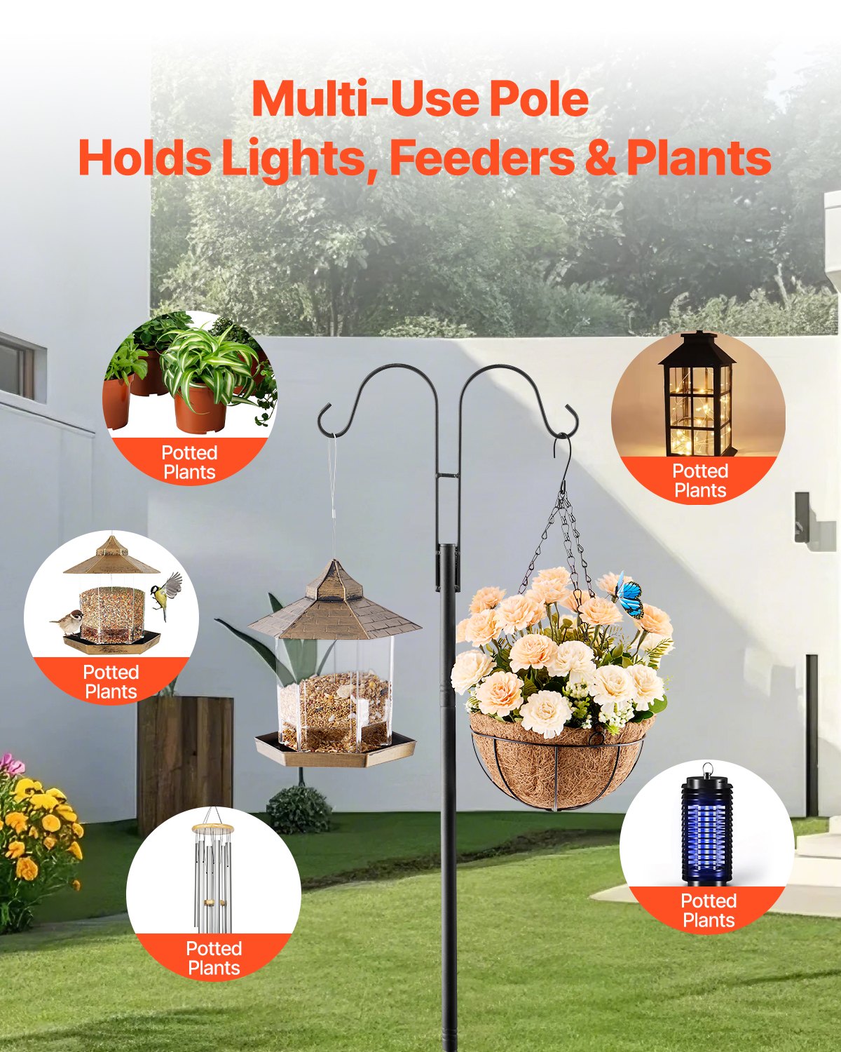 8 Pack Heavy Duty Double Shepherds Hooks, 108 Inch Garden Poles for Bird Feeders, Hummingbird Feeders, Plant Baskets, Solar Lights, and Wind Chimes