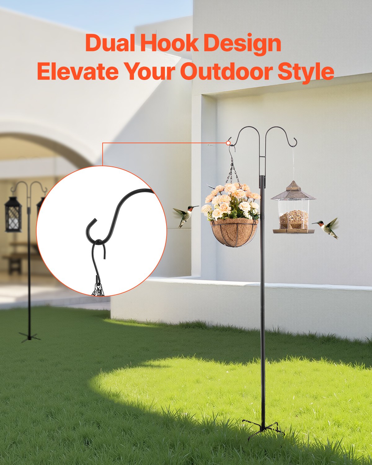 8 Pack 60 Inch Double Shepherds Hooks for Hanging Hummingbird Feeders, Plant Baskets, Solar Lanterns, Wind Chimes - Heavy Duty, Rust-Resistant Bird Feeder Poles with Adjustable Height, Easy Installation, and High-Quality Steel Construction