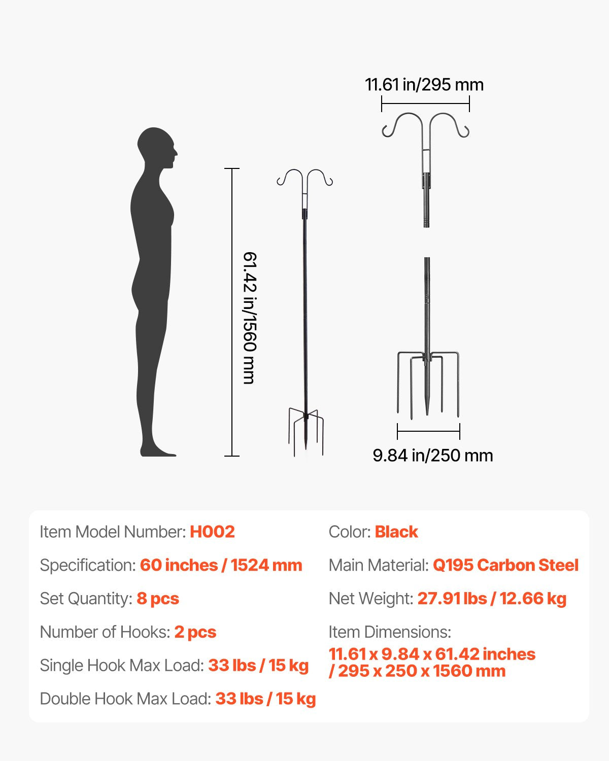 8 Pack 60 Inch Double Shepherds Hooks for Hanging Hummingbird Feeders, Plant Baskets, Solar Lanterns, Wind Chimes - Heavy Duty, Rust-Resistant Bird Feeder Poles with Adjustable Height, Easy Installation, and High-Quality Steel Construction