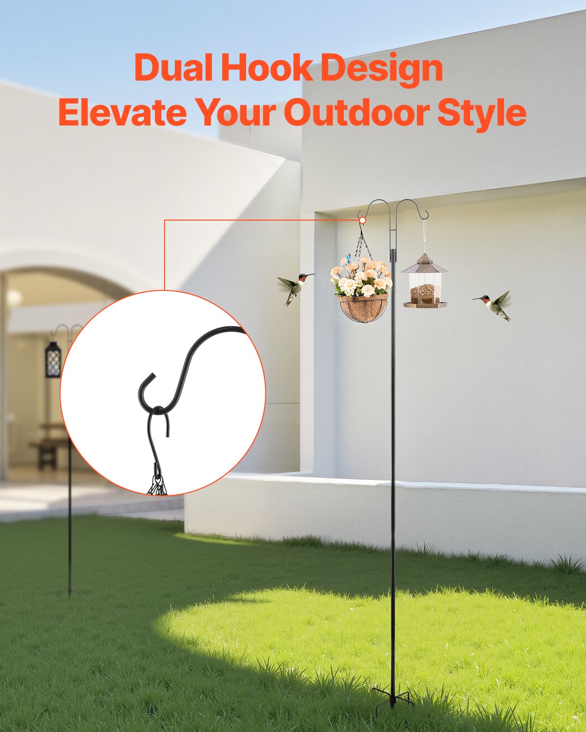 Sturdy 92-Inch Double Shepherds Hooks for Outdoor Use - 8 Pack Heavy Duty Bird Feeder Poles, Garden Hooks for Hummingbird Feeders, Baskets, Solar Lights, Wind Chimes, Rust-Resistant Steel, Easy to Install