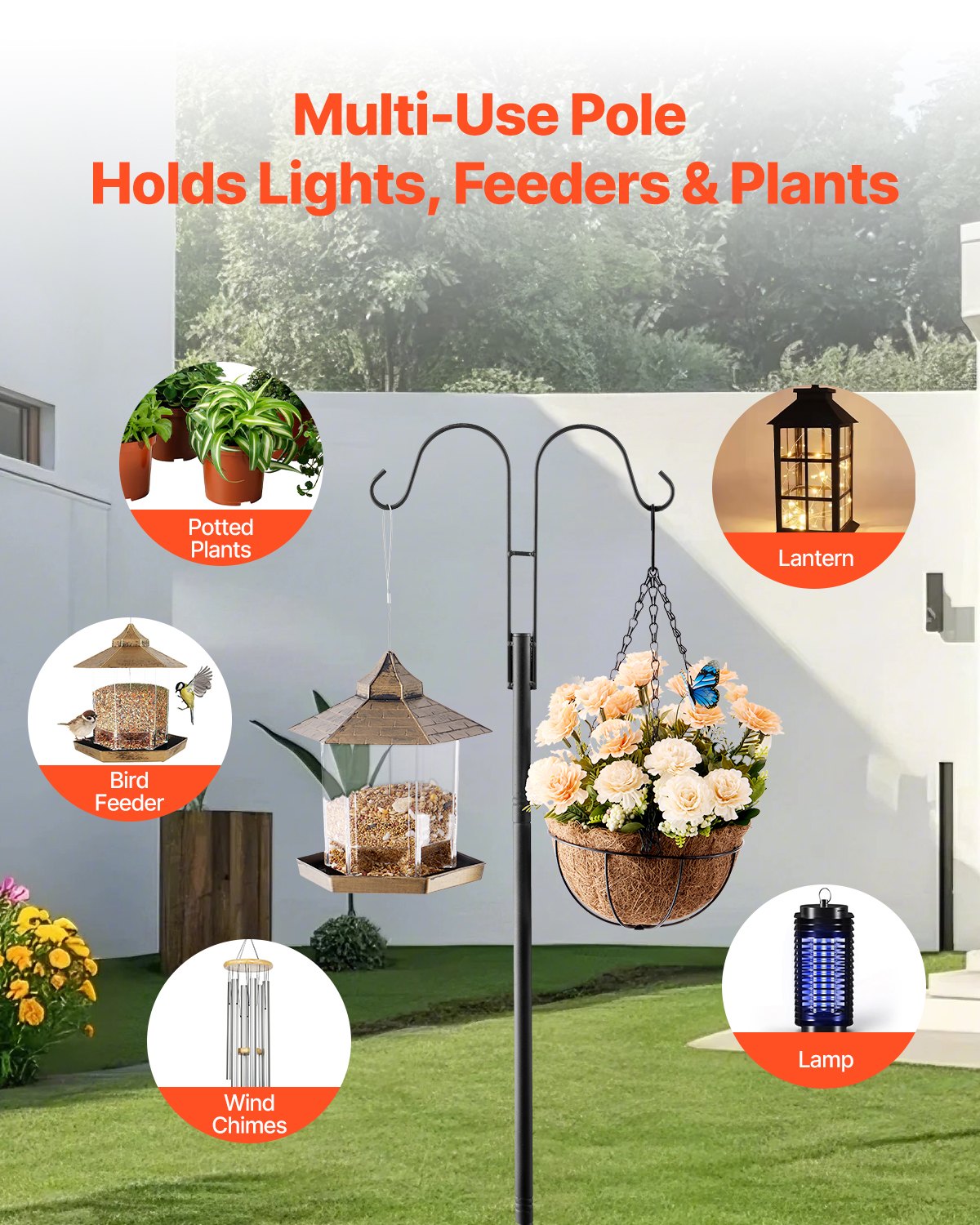 Sturdy 92-Inch Double Shepherds Hooks for Outdoor Use - 8 Pack Heavy Duty Bird Feeder Poles, Garden Hooks for Hummingbird Feeders, Baskets, Solar Lights, Wind Chimes, Rust-Resistant Steel, Easy to Install
