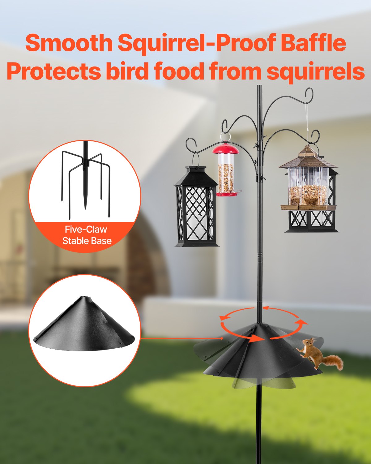 Premium 92" Wild Bird Feeder Station with 4 Hooks & Squirrel Guard, Heavy-Duty Steel Pole, Adjustable Height, Easy Install, Rust-Resistant
