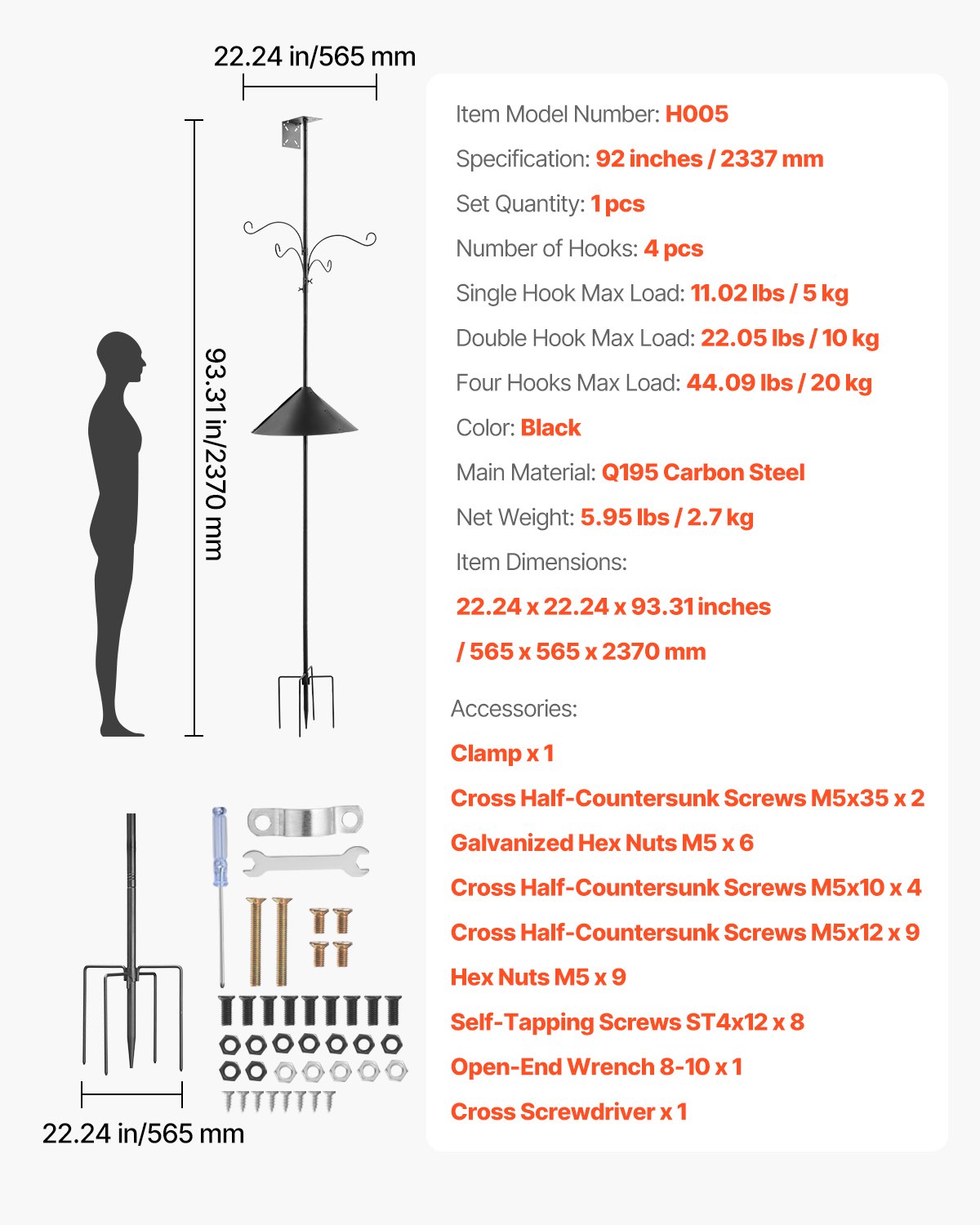 Premium 92" Wild Bird Feeder Station with 4 Hooks & Squirrel Guard, Heavy-Duty Steel Pole, Adjustable Height, Easy Install, Rust-Resistant