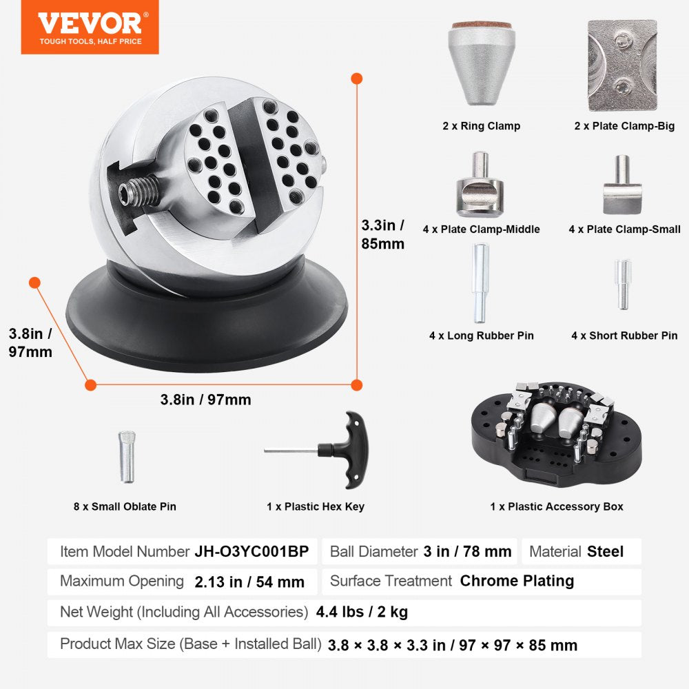 VEVOR Ball Vise 3\" Engraving Setting Tool 360°Rotation Professional Ball Vise 30 PCS Attachment Jewelry Engraving Block Tools Standard Block (3inch)