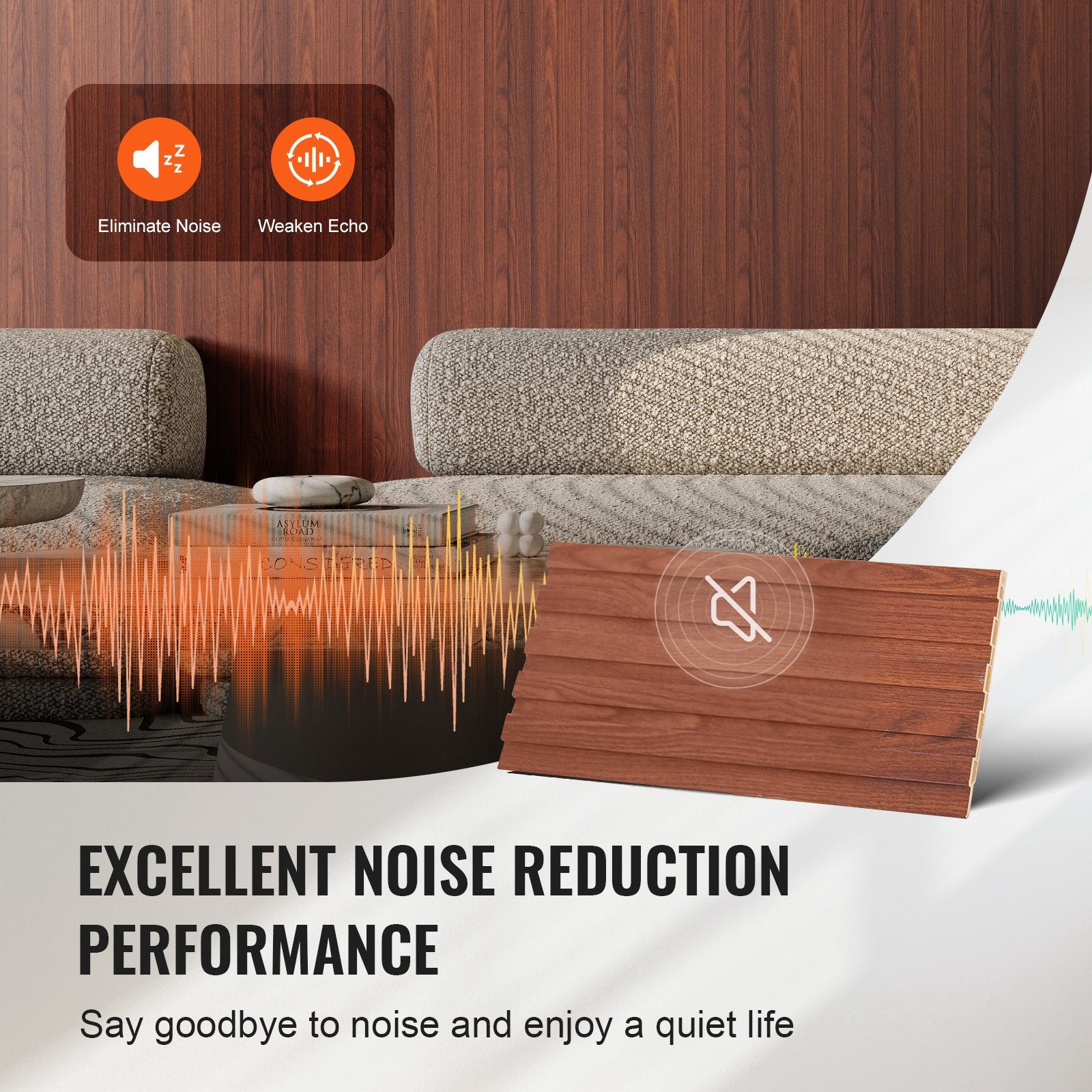 Modern Black Walnut Acoustic Wall Panels, 8-Pack 96"x6" WPC Slat Design for Stylish Decor, Noise Reduction, Faux Wood Accent, Easy Install