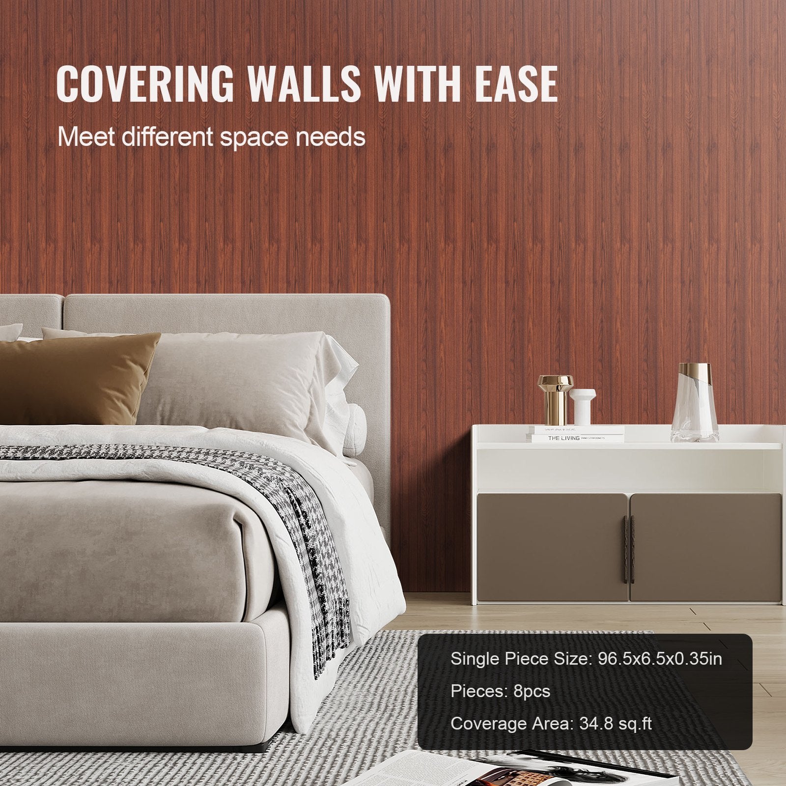 Modern Black Walnut Acoustic Wall Panels, 8-Pack 96"x6" WPC Slat Design for Stylish Decor, Noise Reduction, Faux Wood Accent, Easy Install