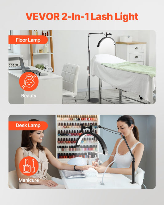 Versatile Half Moon LED Lamp for Estheticians - Floor & Desk Use, Phone Holder, Remote Control, Perfect for Lash Extensions, Beauty, Skincare, Eyebrows, Tattoos