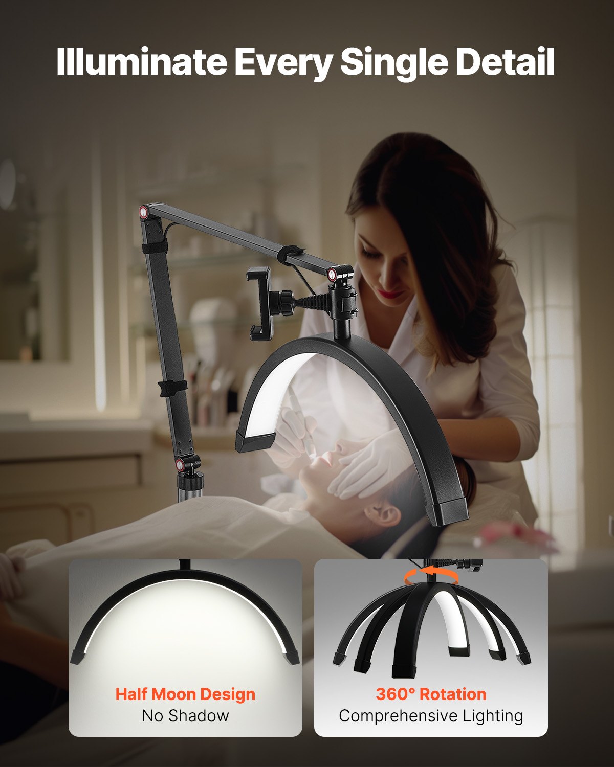 Versatile Half Moon LED Lamp for Estheticians - Floor & Desk Use, Phone Holder, Remote Control, Perfect for Lash Extensions, Beauty, Skincare, Eyebrows, Tattoos