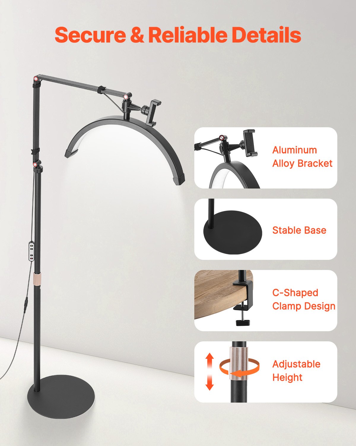 Versatile Half Moon LED Lamp for Estheticians - Floor & Desk Use, Phone Holder, Remote Control, Perfect for Lash Extensions, Beauty, Skincare, Eyebrows, Tattoos