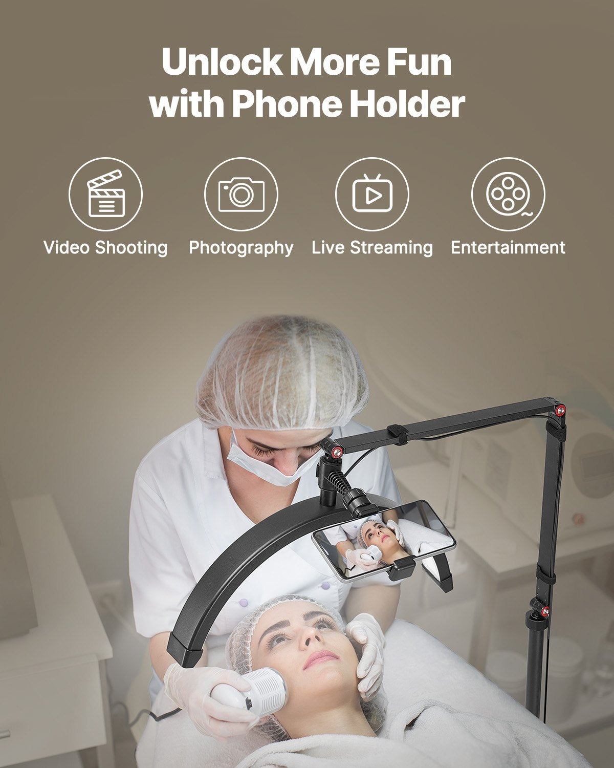 Versatile Half Moon LED Lamp for Estheticians - Floor & Desk Use, Phone Holder, Remote Control, Perfect for Lash Extensions, Beauty, Skincare, Eyebrows, Tattoos