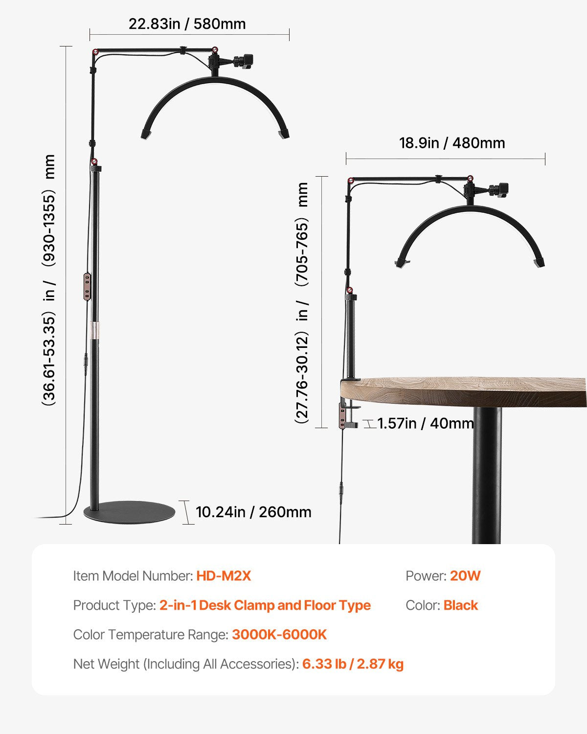 Versatile Half Moon LED Lamp for Estheticians - Floor & Desk Use, Phone Holder, Remote Control, Perfect for Lash Extensions, Beauty, Skincare, Eyebrows, Tattoos