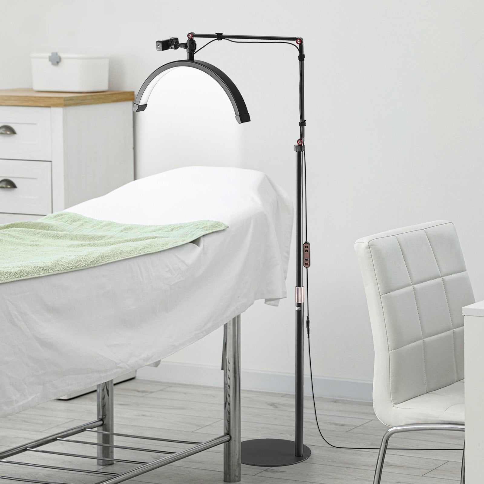 Versatile Half Moon LED Lamp for Estheticians - Floor & Desk Use, Phone Holder, Remote Control, Perfect for Lash Extensions, Beauty, Skincare, Eyebrows, Tattoos