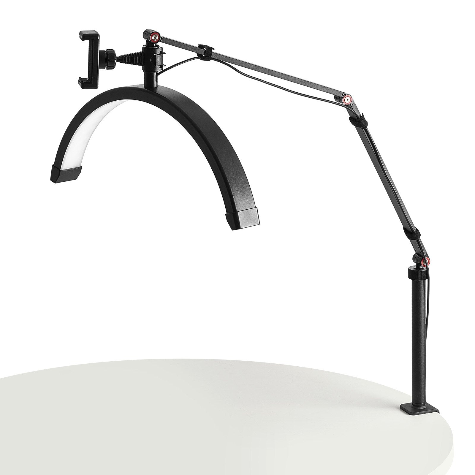 Versatile Half Moon LED Lamp for Estheticians - Floor & Desk Use, Phone Holder, Remote Control, Perfect for Lash Extensions, Beauty, Skincare, Eyebrows, Tattoos