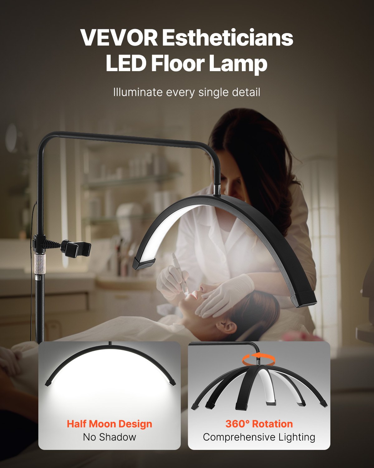 23" Dimmable Half Moon LED Floor Lamp for Estheticians - Lash Light with Phone Holder, Remote; Ideal for Beauty, Skincare, Eyebrows, Tattoos