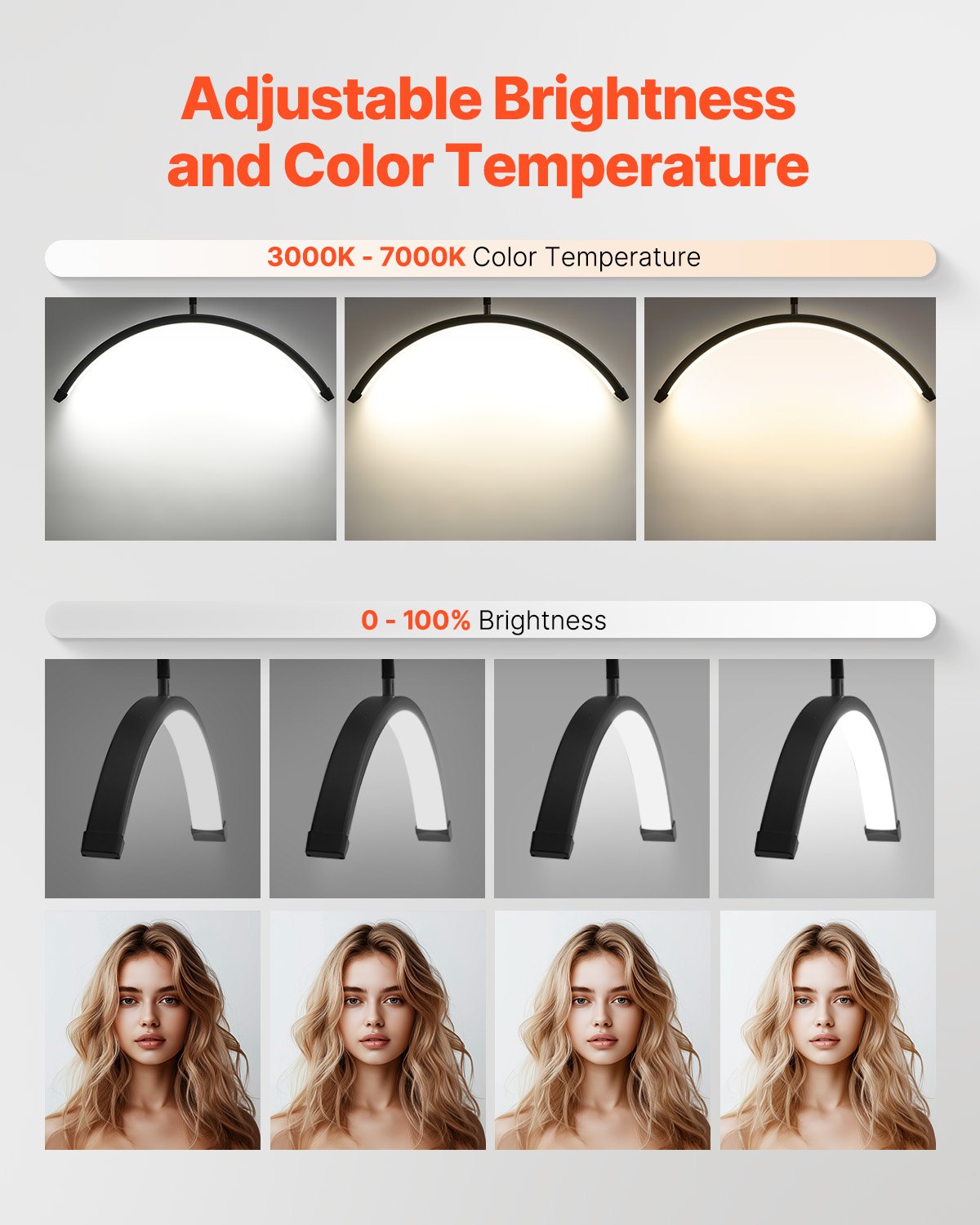 23" Dimmable Half Moon LED Floor Lamp for Estheticians - Lash Light with Phone Holder, Remote; Ideal for Beauty, Skincare, Eyebrows, Tattoos