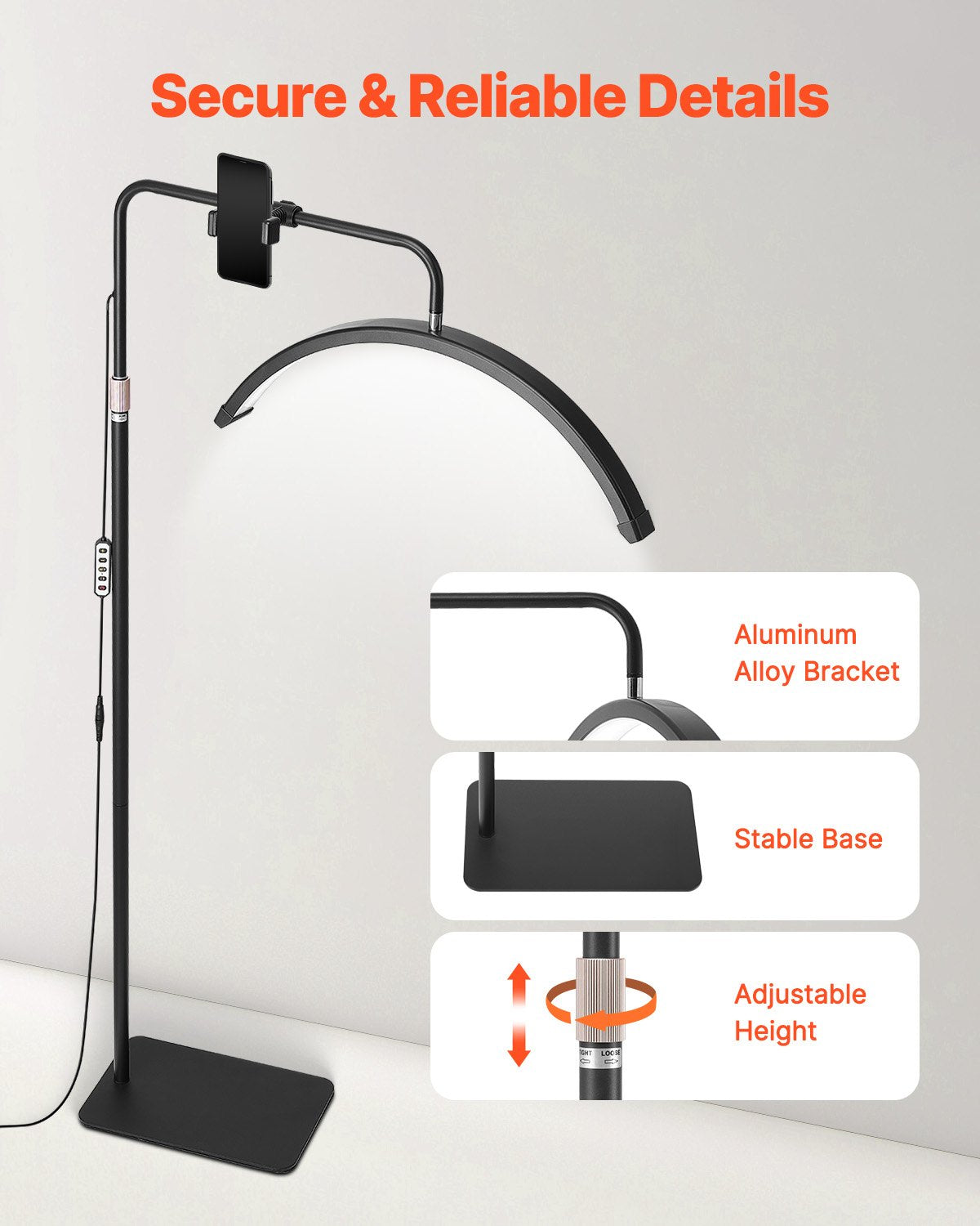 23" Dimmable Half Moon LED Floor Lamp for Estheticians - Lash Light with Phone Holder, Remote; Ideal for Beauty, Skincare, Eyebrows, Tattoos