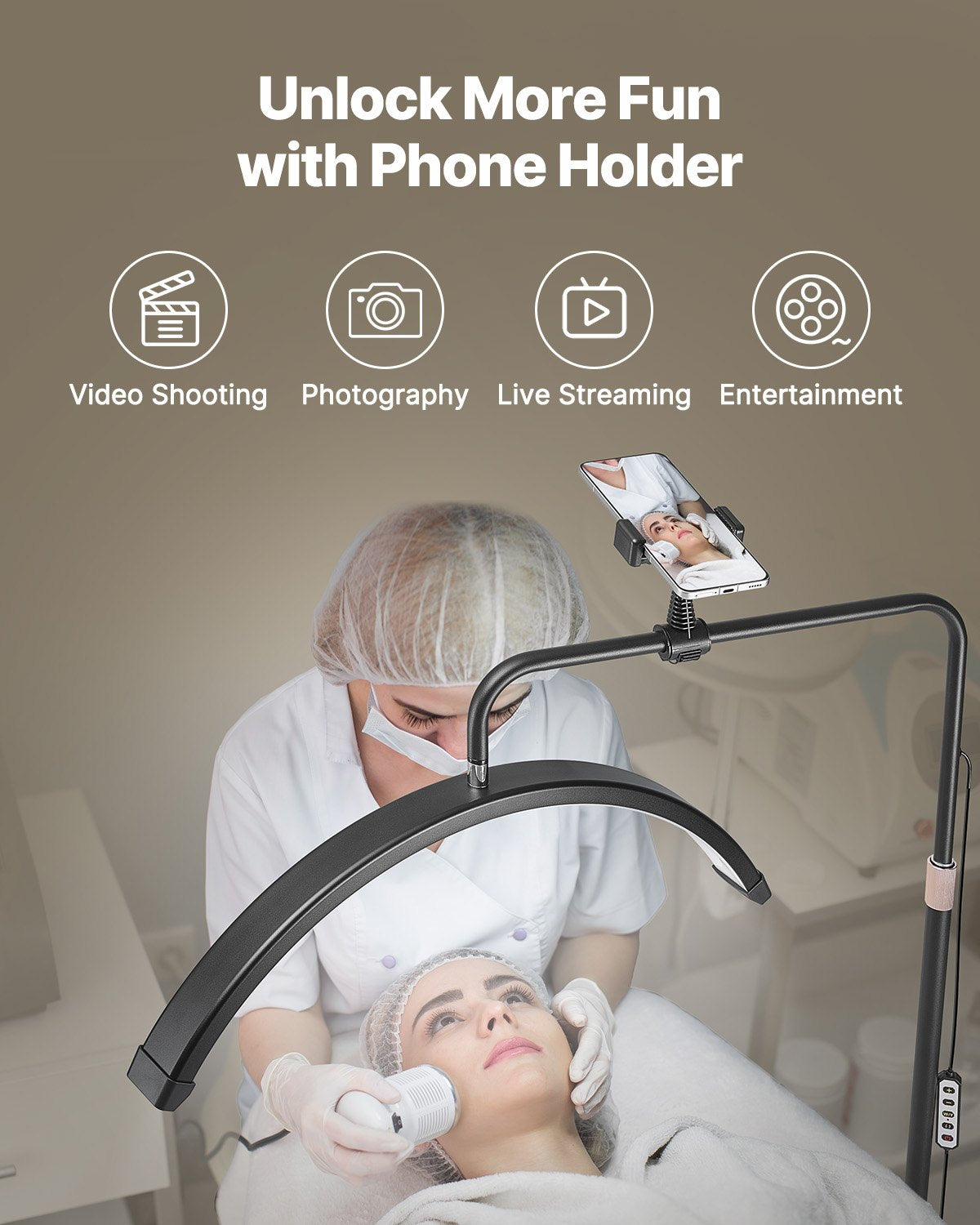 23" Dimmable Half Moon LED Floor Lamp for Estheticians - Lash Light with Phone Holder, Remote; Ideal for Beauty, Skincare, Eyebrows, Tattoos