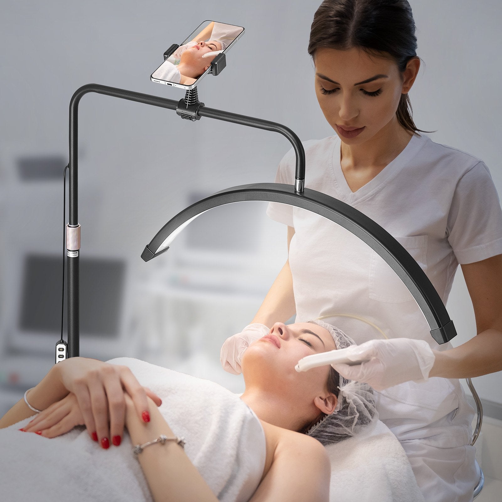 23" Dimmable Half Moon LED Floor Lamp for Estheticians - Lash Light with Phone Holder, Remote; Ideal for Beauty, Skincare, Eyebrows, Tattoos