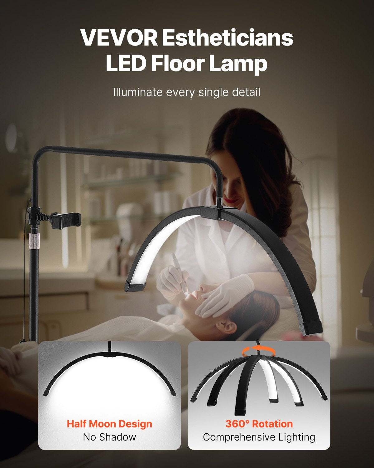 Arched LED Floor Lamp with Remote for Estheticians - 26" Dimmable Lash Light, Phone Holder, Perfect for Eyelash Extensions, Beauty, Skincare, Tattoo Sessions, Adjustable Brightness and Temperature, Black Aluminum Alloy Stand