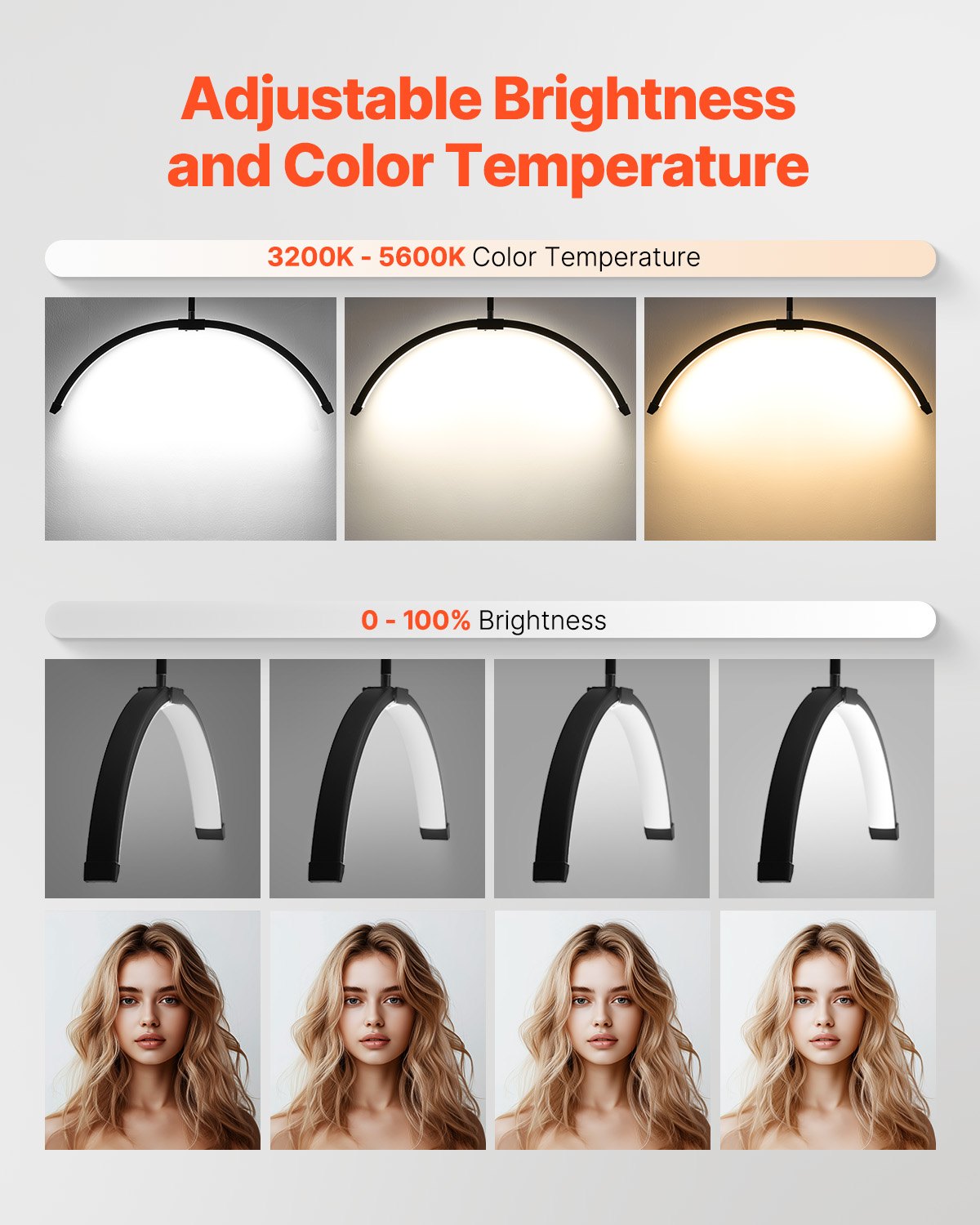 Arched LED Floor Lamp with Remote for Estheticians - 26" Dimmable Lash Light, Phone Holder, Perfect for Eyelash Extensions, Beauty, Skincare, Tattoo Sessions, Adjustable Brightness and Temperature, Black Aluminum Alloy Stand