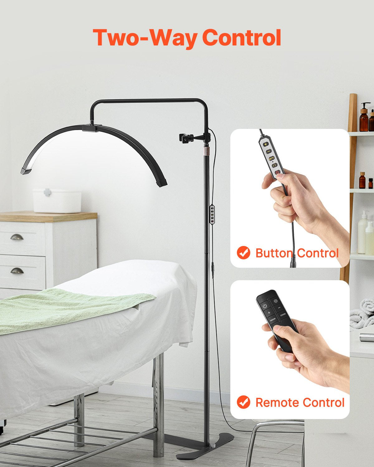 Arched LED Floor Lamp with Remote for Estheticians - 26" Dimmable Lash Light, Phone Holder, Perfect for Eyelash Extensions, Beauty, Skincare, Tattoo Sessions, Adjustable Brightness and Temperature, Black Aluminum Alloy Stand
