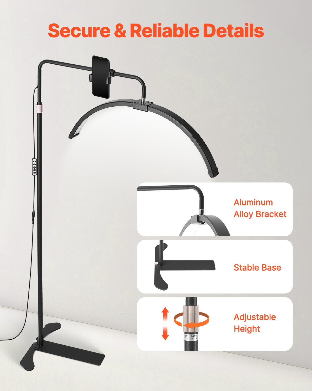 Arched LED Floor Lamp with Remote for Estheticians - 26" Dimmable Lash Light, Phone Holder, Perfect for Eyelash Extensions, Beauty, Skincare, Tattoo Sessions, Adjustable Brightness and Temperature, Black Aluminum Alloy Stand
