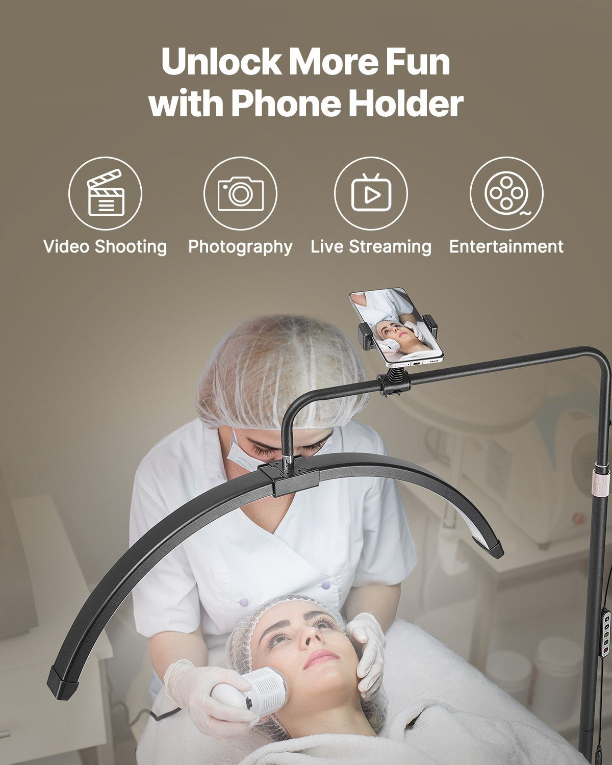 Arched LED Floor Lamp with Remote for Estheticians - 26" Dimmable Lash Light, Phone Holder, Perfect for Eyelash Extensions, Beauty, Skincare, Tattoo Sessions, Adjustable Brightness and Temperature, Black Aluminum Alloy Stand
