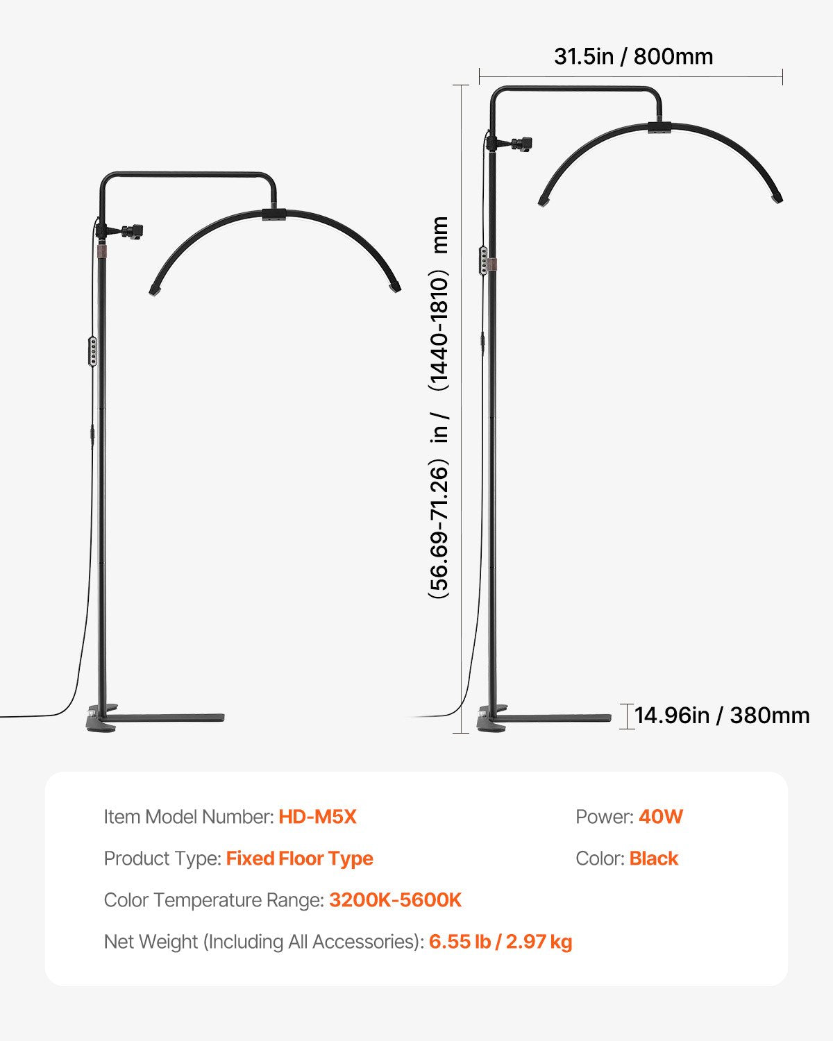 Arched LED Floor Lamp with Remote for Estheticians - 26" Dimmable Lash Light, Phone Holder, Perfect for Eyelash Extensions, Beauty, Skincare, Tattoo Sessions, Adjustable Brightness and Temperature, Black Aluminum Alloy Stand