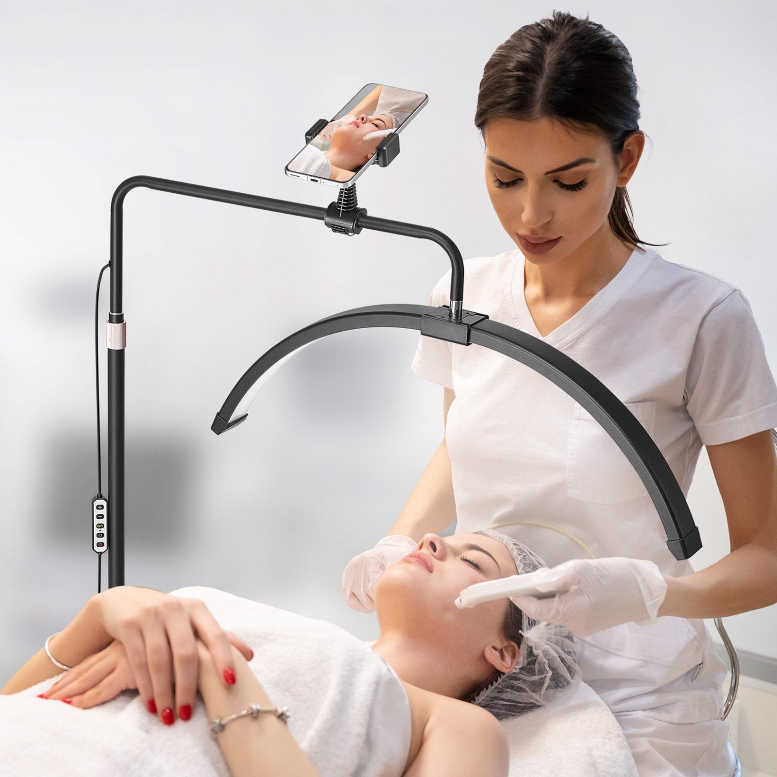 Arched LED Floor Lamp with Remote for Estheticians - 26" Dimmable Lash Light, Phone Holder, Perfect for Eyelash Extensions, Beauty, Skincare, Tattoo Sessions, Adjustable Brightness and Temperature, Black Aluminum Alloy Stand