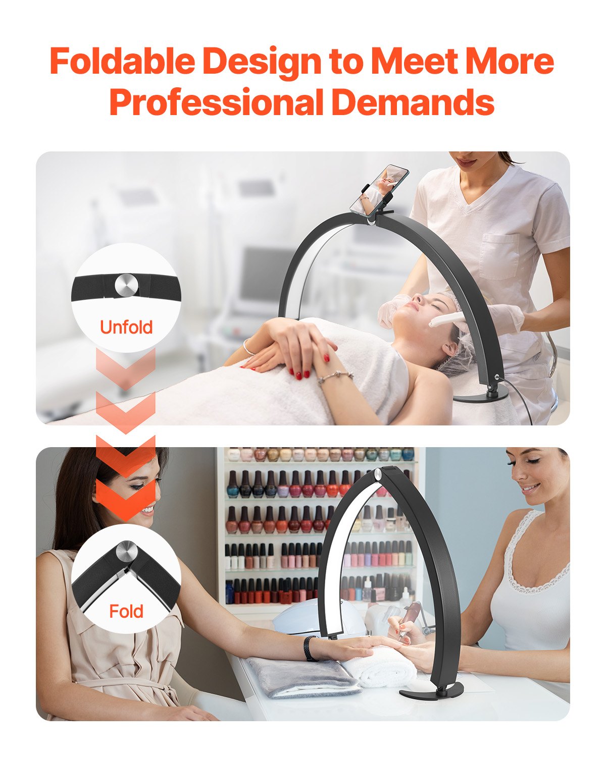 Nail Desk Light with Phone Holder, 40W Half Moon LED Lamp, Adjustable Brightness & Color for Nail Techs, Tattoos, Beauty, Eyelash Extensions