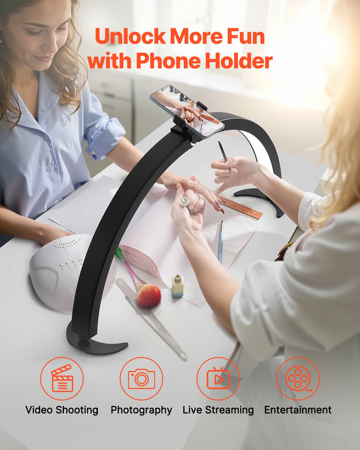 Nail Desk Light with Phone Holder, 40W Half Moon LED Lamp, Adjustable Brightness & Color for Nail Techs, Tattoos, Beauty, Eyelash Extensions