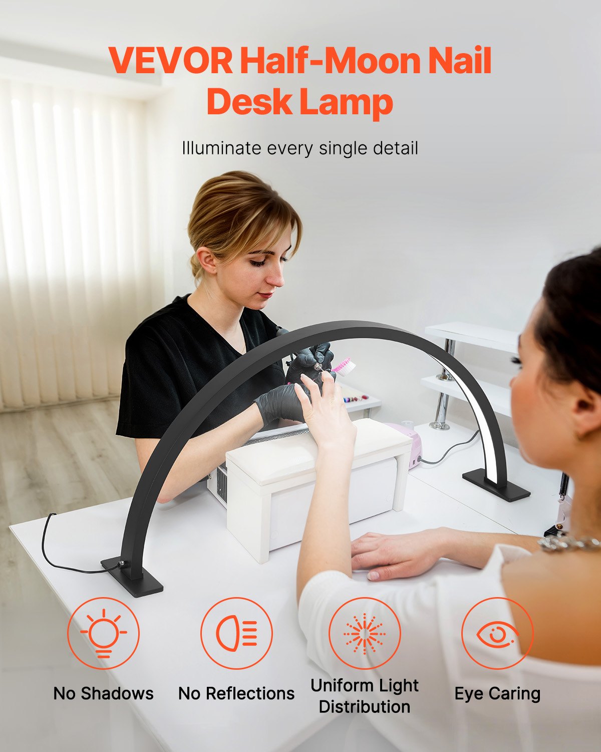 Half Moon Nail Desk Light with Phone Holder, 30W Adjustable LED Lamp for Nail Techs, Tattoo Artists, Beauty & Eyelash Extensions - Customizable Brightness & Color Temperature, Sleek Black Design, Aluminum Alloy Stand