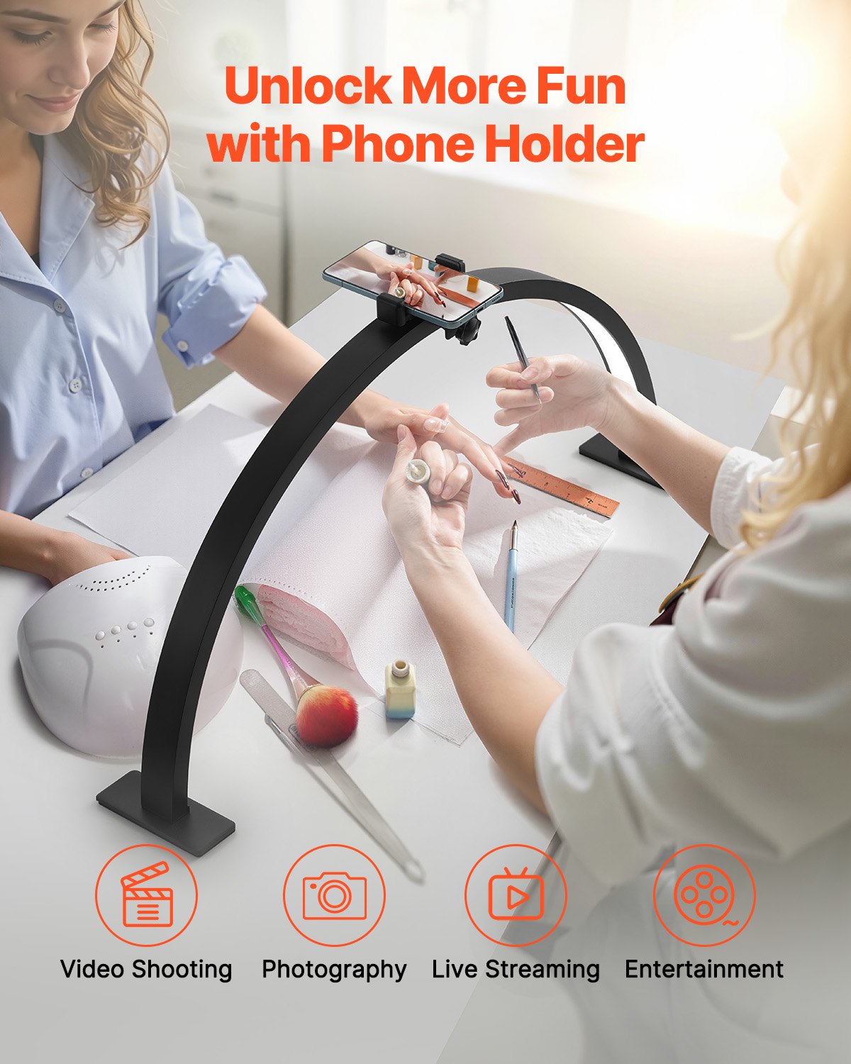 Half Moon Nail Desk Light with Phone Holder, 30W Adjustable LED Lamp for Nail Techs, Tattoo Artists, Beauty & Eyelash Extensions - Customizable Brightness & Color Temperature, Sleek Black Design, Aluminum Alloy Stand