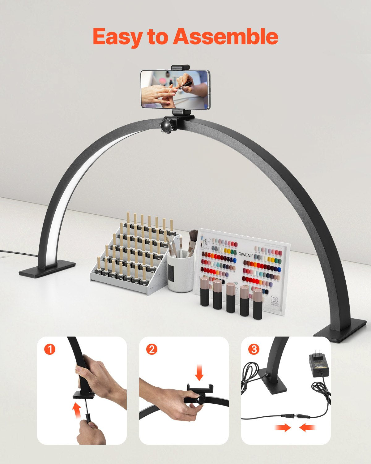 Half Moon Nail Desk Light with Phone Holder, 30W Adjustable LED Lamp for Nail Techs, Tattoo Artists, Beauty & Eyelash Extensions - Customizable Brightness & Color Temperature, Sleek Black Design, Aluminum Alloy Stand