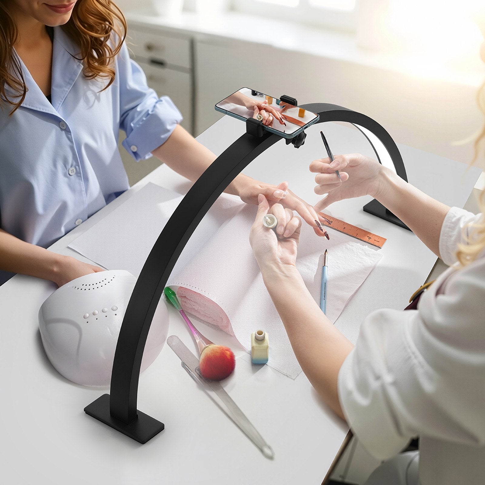 Half Moon Nail Desk Light with Phone Holder, 30W Adjustable LED Lamp for Nail Techs, Tattoo Artists, Beauty & Eyelash Extensions - Customizable Brightness & Color Temperature, Sleek Black Design, Aluminum Alloy Stand