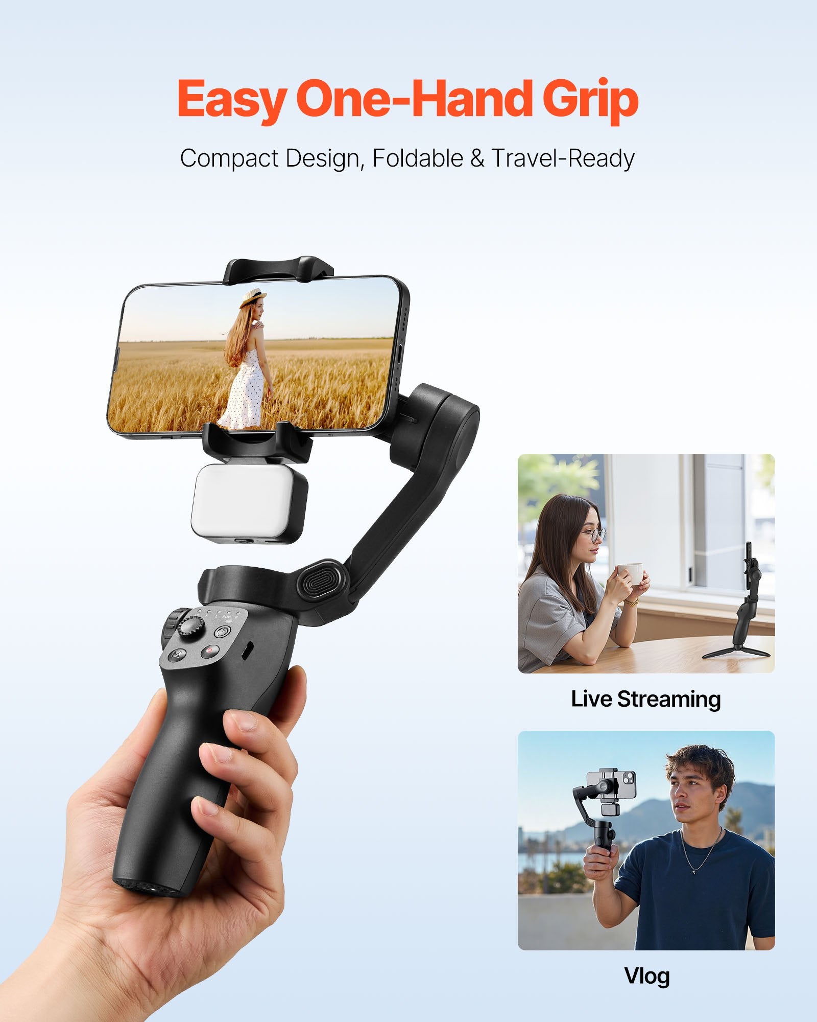 Smartphone Gimbal Stabilizer - 3-Axis Phone Stabilizer with Magnetic Fill Light, Face Tracking, Gesture Control for Vlogging & Video Recording