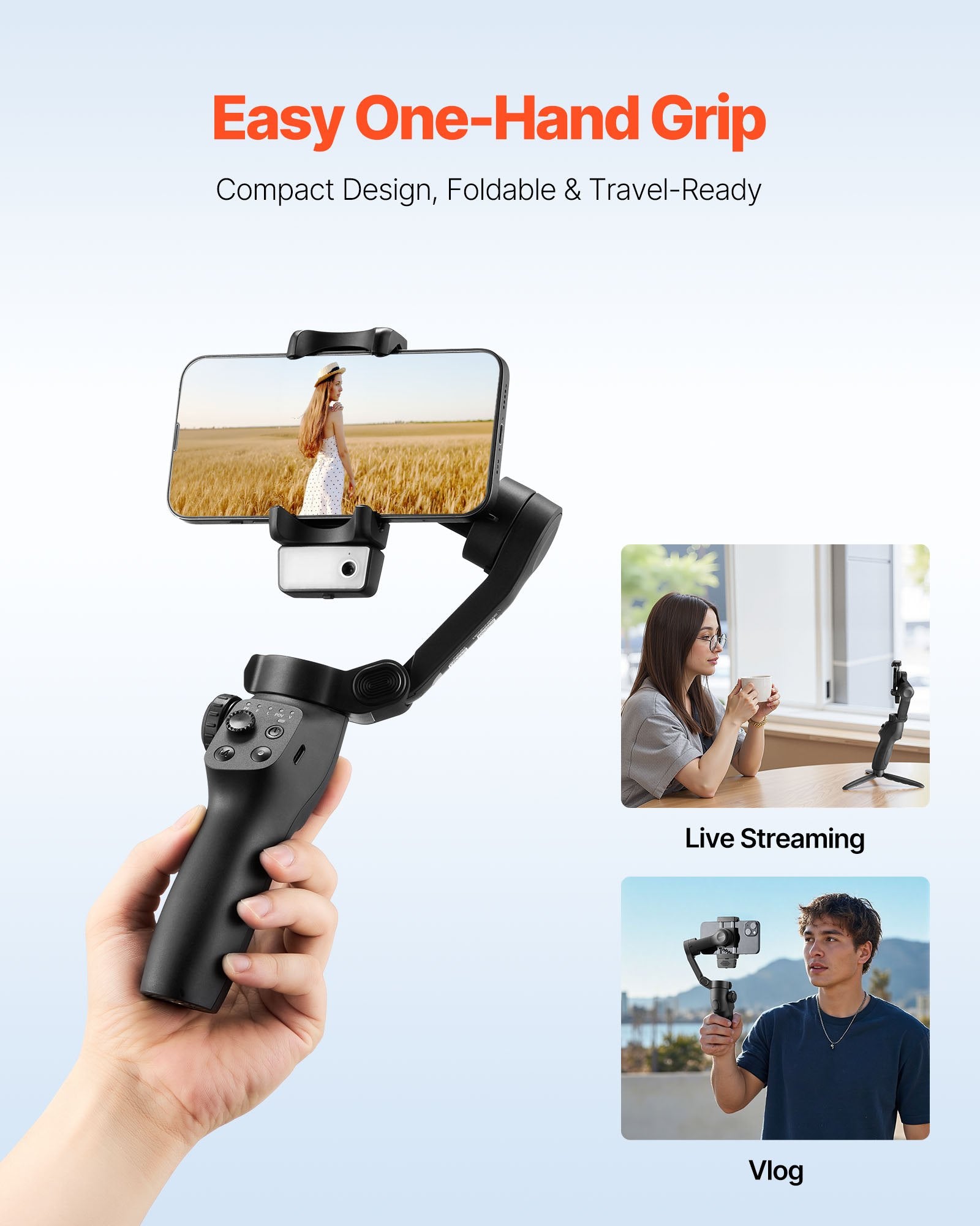 Portable 3-Axis Smartphone Gimbal Stabilizer with AI Tracking, Fill Light, Tripod - Foldable Phone Stabilizer for Android & iPhone Video Recording
