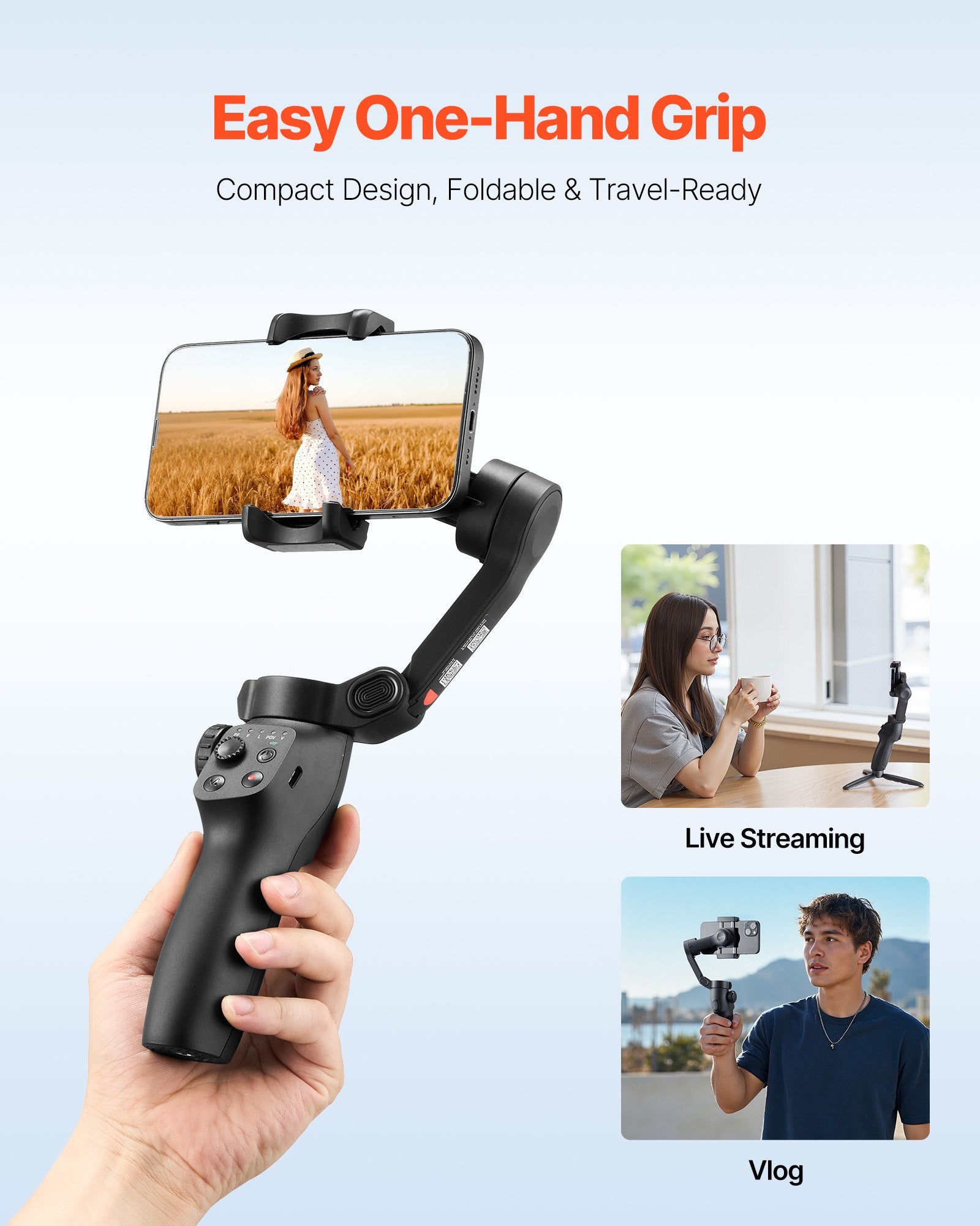 Portable 3-Axis Smartphone Gimbal Stabilizer with Face/Object Tracking, Compatible with Android & iPhone, Foldable Tripod for Video Recording