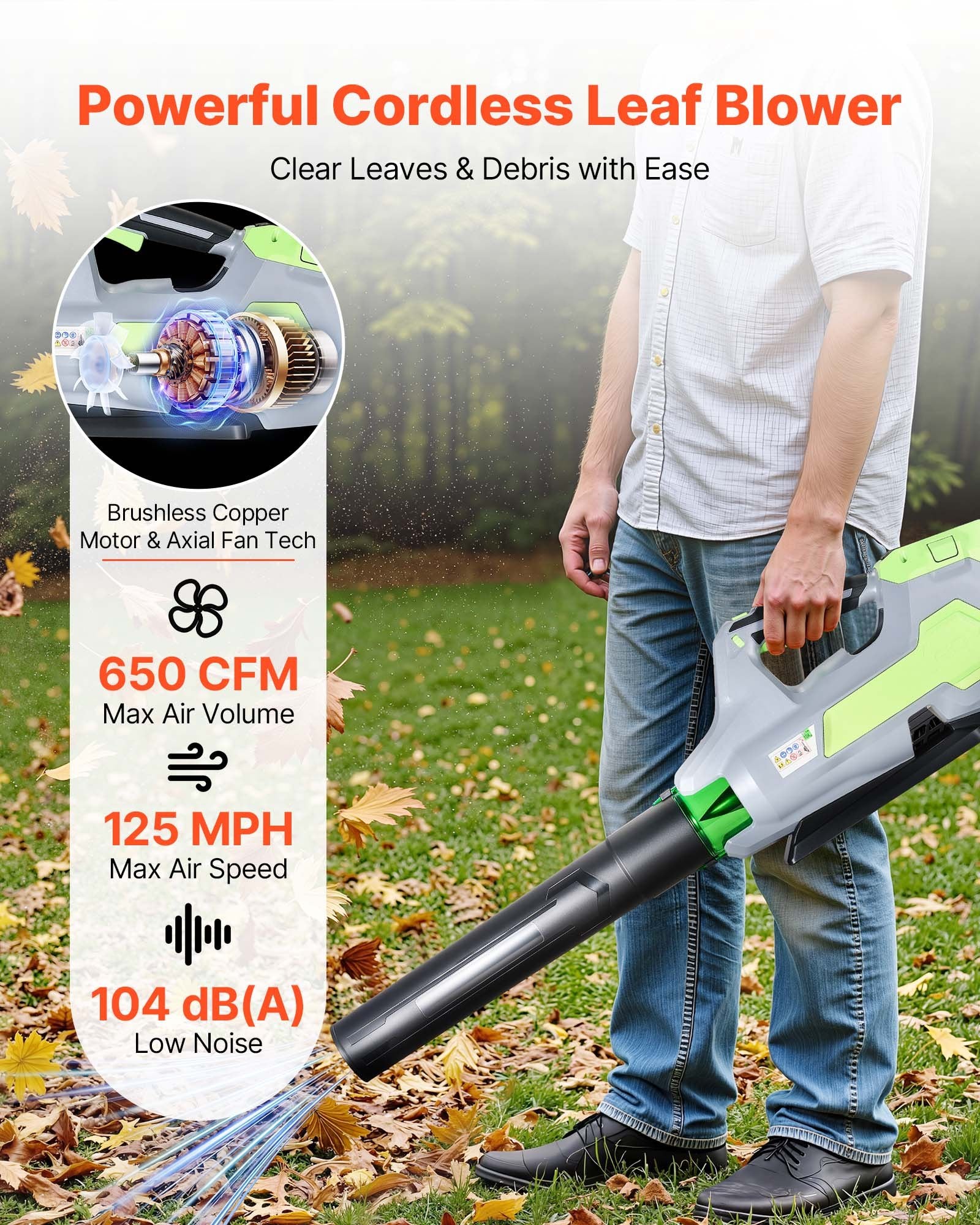 60V Cordless Leaf Blower with Fast Charging, Quiet Operation, 3-Speed Control, 650 CFM, 125 MPH for Efficient Lawn Care and Leaf Cleanup
