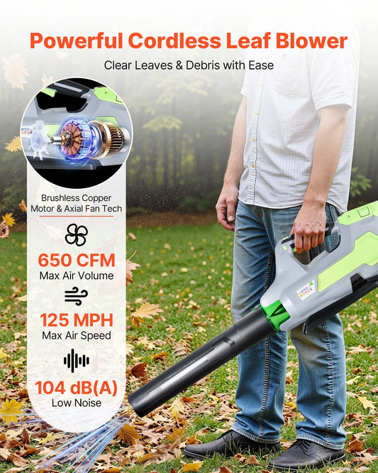 60V Cordless Leaf Blower with Fast Charging, Quiet Operation, 3-Speed Control, 650 CFM, 125 MPH for Efficient Lawn Care and Leaf Cleanup