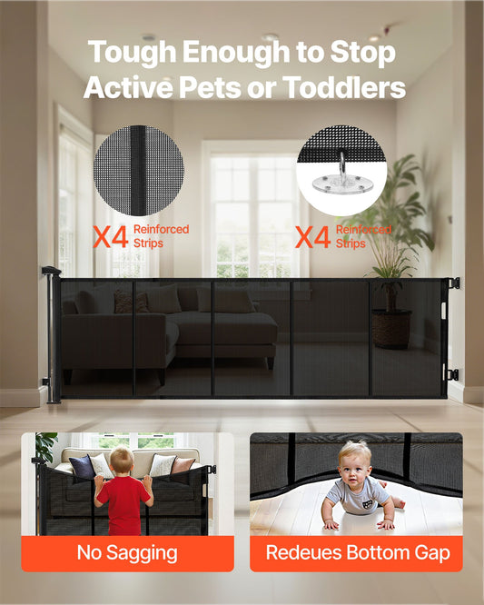Title: Extra Wide Retractable Baby Gate - 122"x31.3", Reinforced Fiberglass, Mesh Dog Barrier for Decks, Doorways, Garages, Indoor Use, Black
