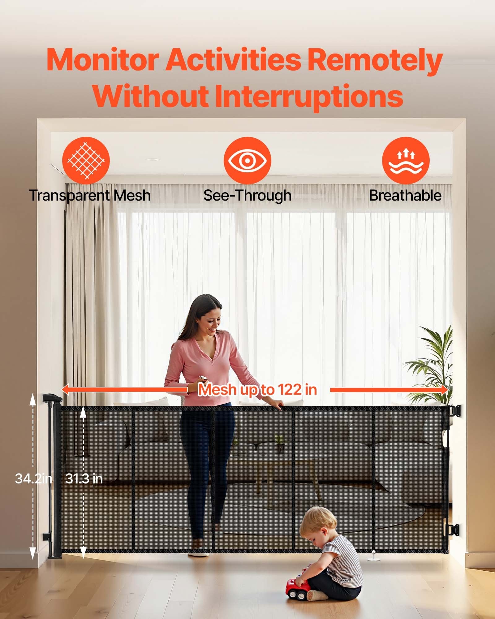 Title: Extra Wide Retractable Baby Gate - 122"x31.3", Reinforced Fiberglass, Mesh Dog Barrier for Decks, Doorways, Garages, Indoor Use, Black