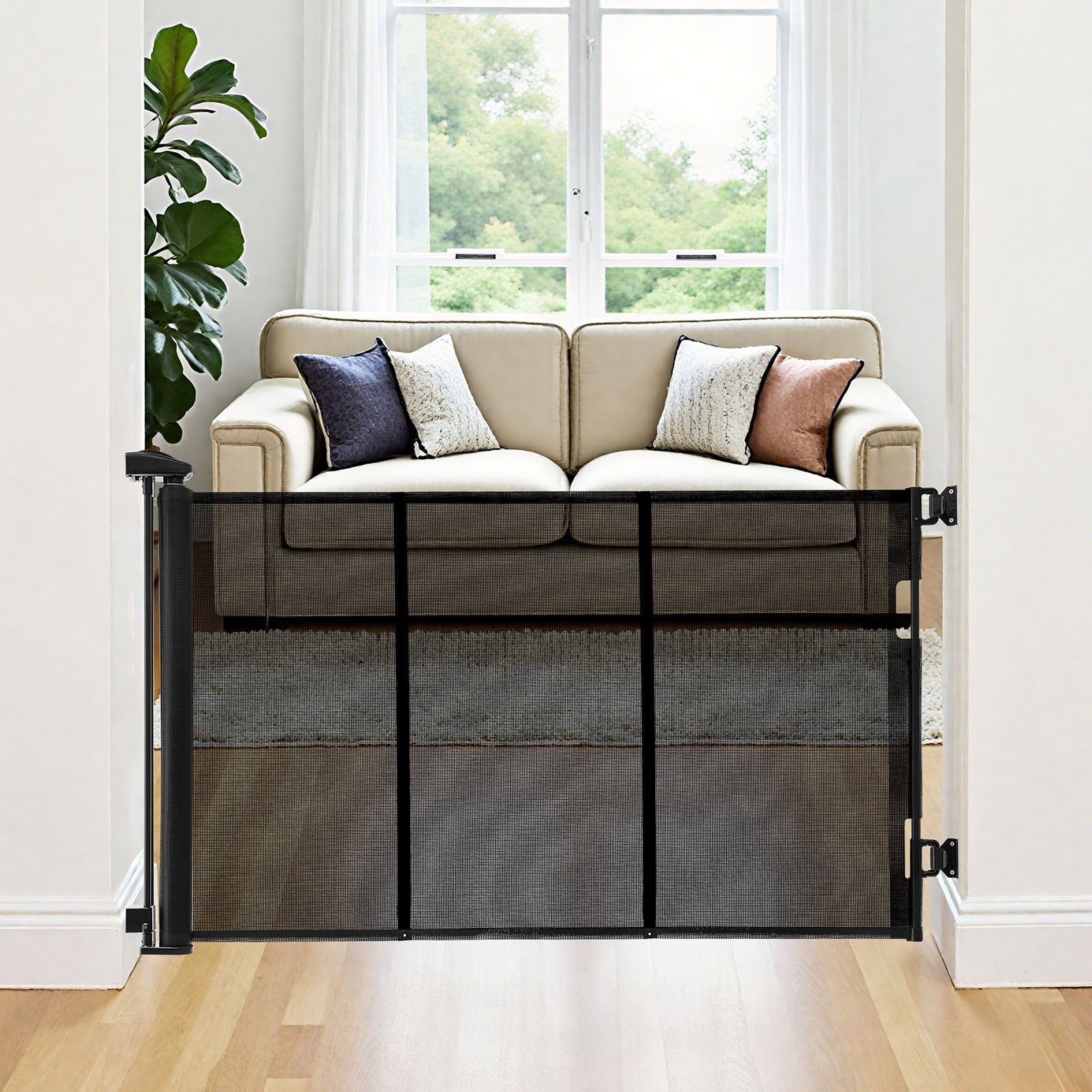 Title: Extra Wide Retractable Baby Gate - 122"x31.3", Reinforced Fiberglass, Mesh Dog Barrier for Decks, Doorways, Garages, Indoor Use, Black