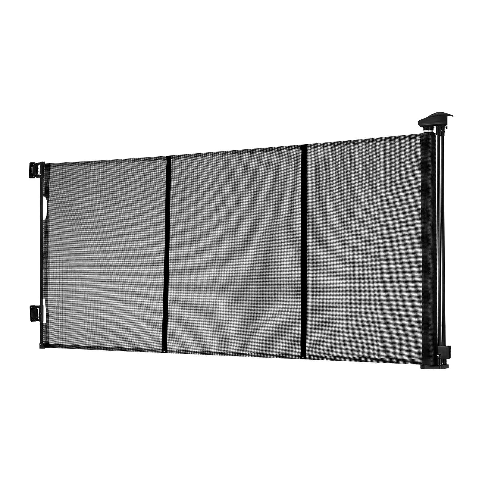 Title: Extra Wide Retractable Baby Gate - 122"x31.3", Reinforced Fiberglass, Mesh Dog Barrier for Decks, Doorways, Garages, Indoor Use, Black