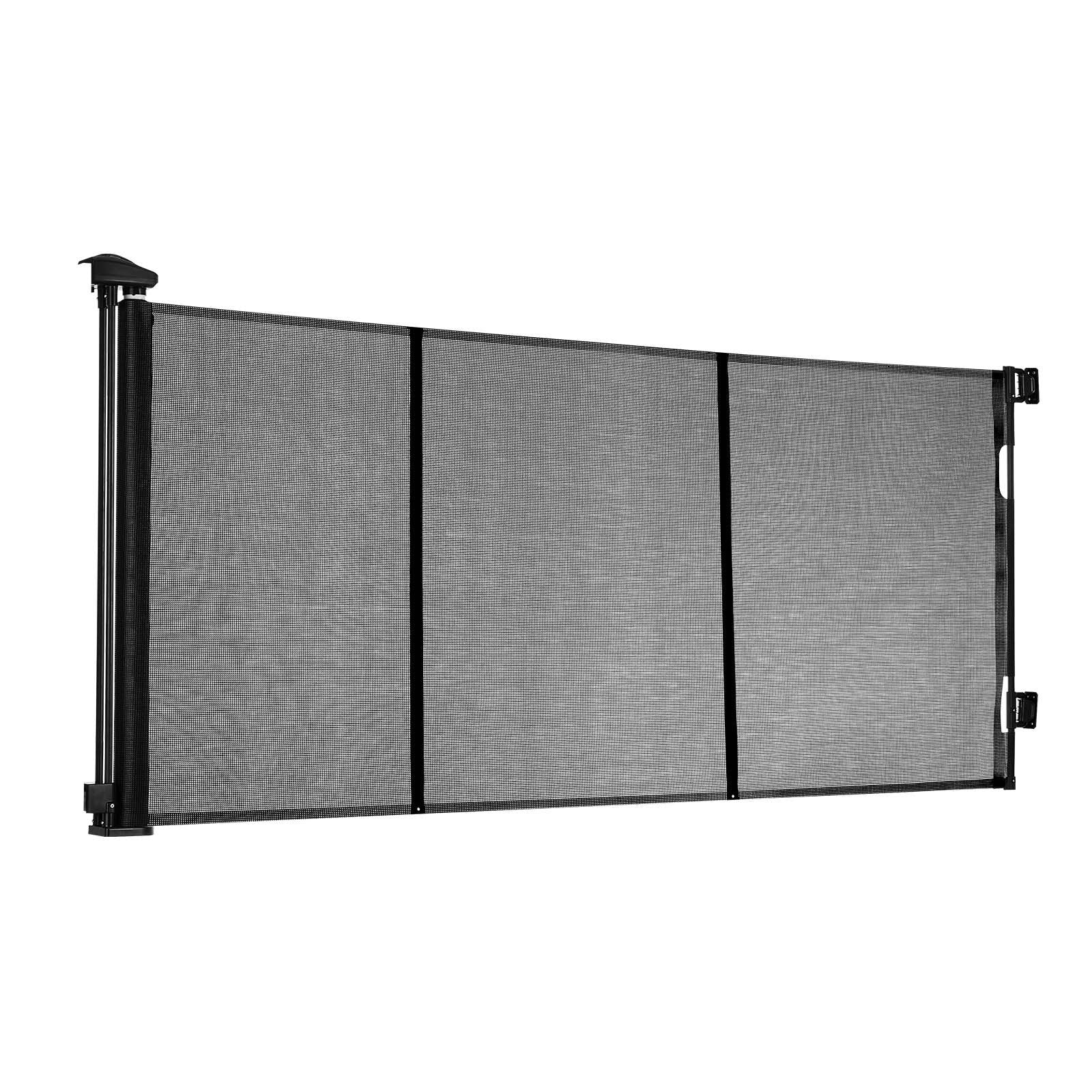 Title: Extra Wide Retractable Baby Gate - 122"x31.3", Reinforced Fiberglass, Mesh Dog Barrier for Decks, Doorways, Garages, Indoor Use, Black