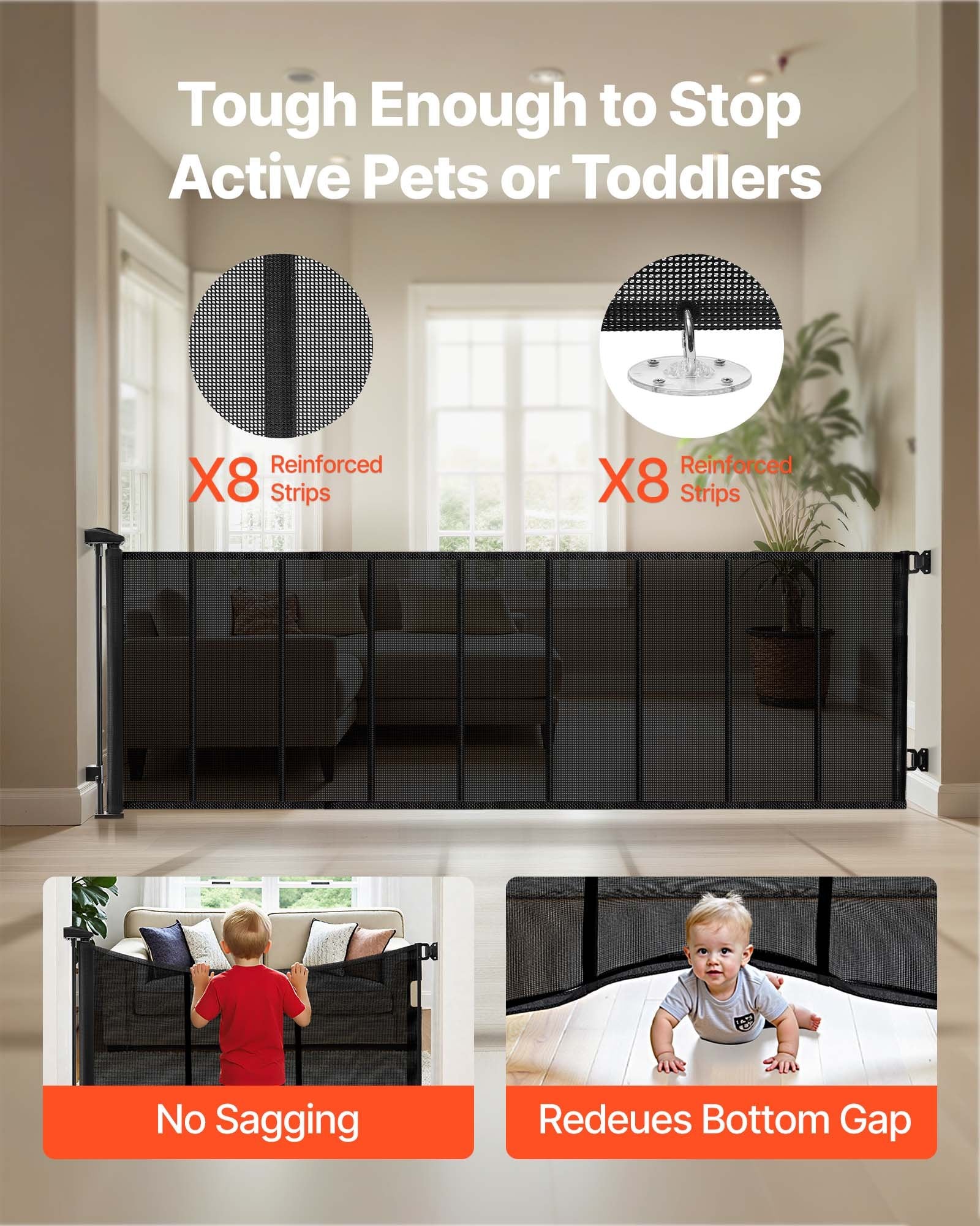 Retractable Baby and Pet Safety Gate, Extra Wide 202.7" x 39" Tall, Reinforced Fiberglass Mesh for Indoor/Outdoor Use, Ideal for Decks, Doorways, Garages, Black